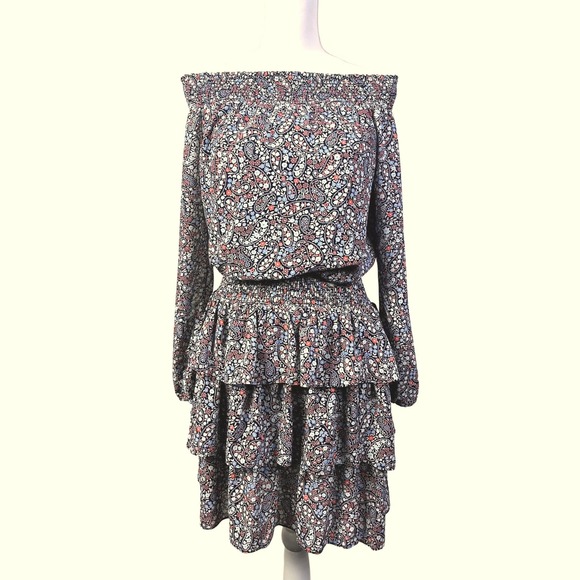 Michael Kors Ditsy Floral Off Shoulder Dress Smocked Tiered Ruffle Long Sleeve S - Picture 2 of 6